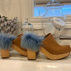 Rachel Comey Tan and Blue Fur Mules